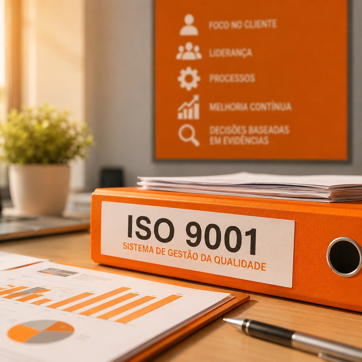 Pasta ISO 9001 Sistema de Gestão da Qualidade sobre mesa