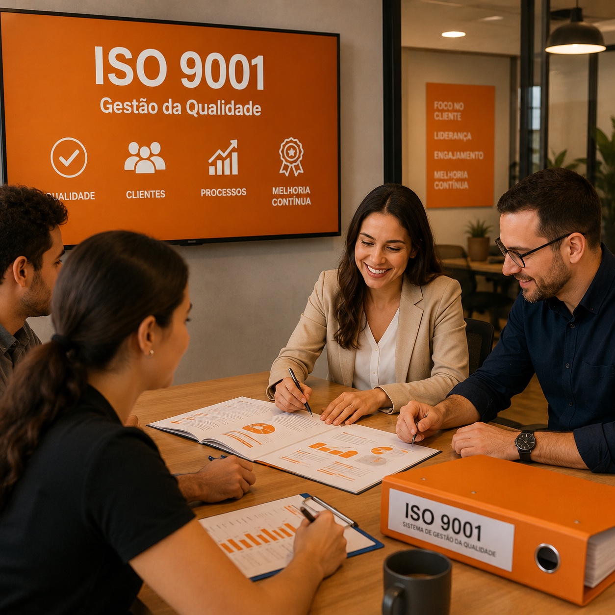 Equipe em reunião com painel ISO&nbsp;9001 ao fundo