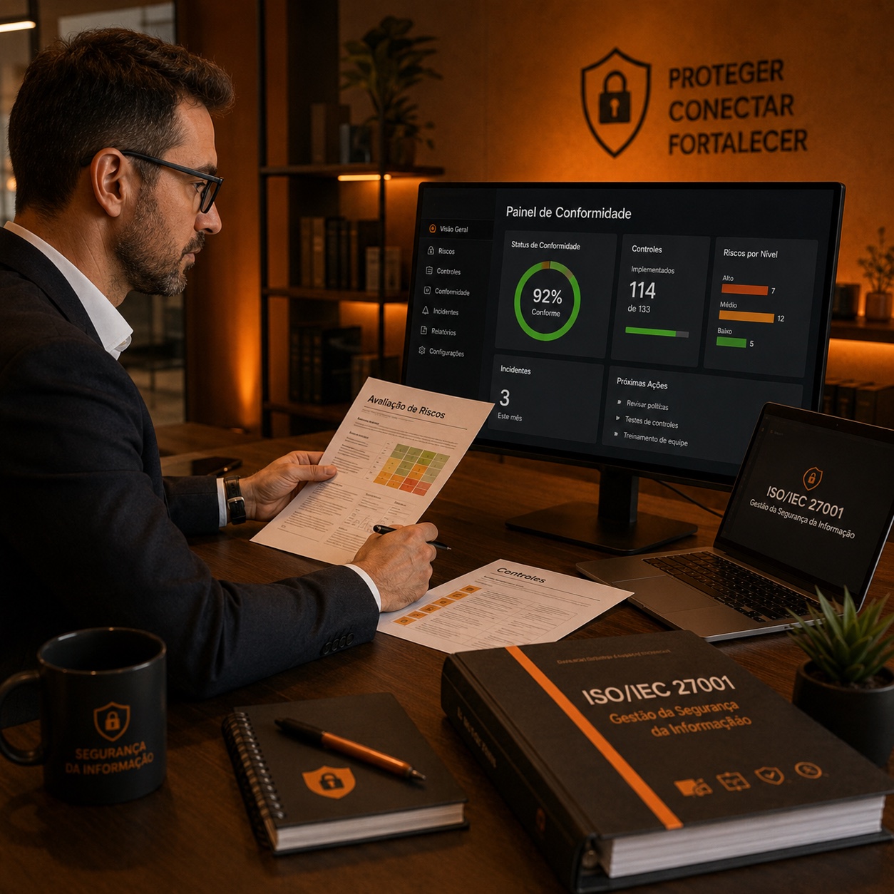 Painel de conformidade ISO 27001 com indicadores em tempo real