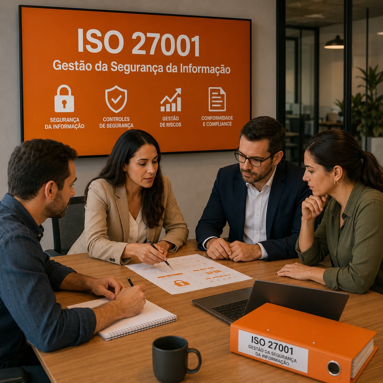 Equipe analisando políticas de segurança da informação ISO 27001